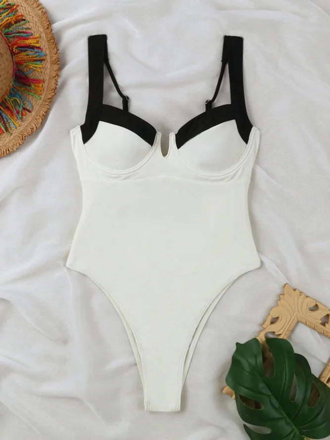 Push Up One Piece Swimsuit Women Backless Bodysuit Black White Swimwear Thong Beach Wear 2025 Contrast Color Bathing Suits Pool