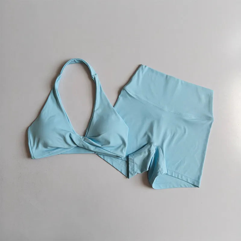 2PCS Nude Sexy Yoga Set Halter Neck Sports Bra And Shorts Breathable Fitness Training Underwear Slimming Beautiful Back Design
