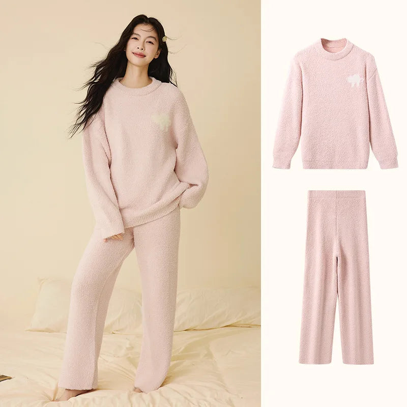 Women Autumn Winter Half Fleece Pajama Set Solid Round Neck Thick Warm Soft Casual Homewear Sleepwear Suit Wearable Outside