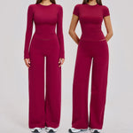 Yoga Set 2 Pieces Women Fitness Sportswear Gym Loose wide-leg pants Long-sleeved T-shirt Sports Crop Tops Tracksuit Workout Wear