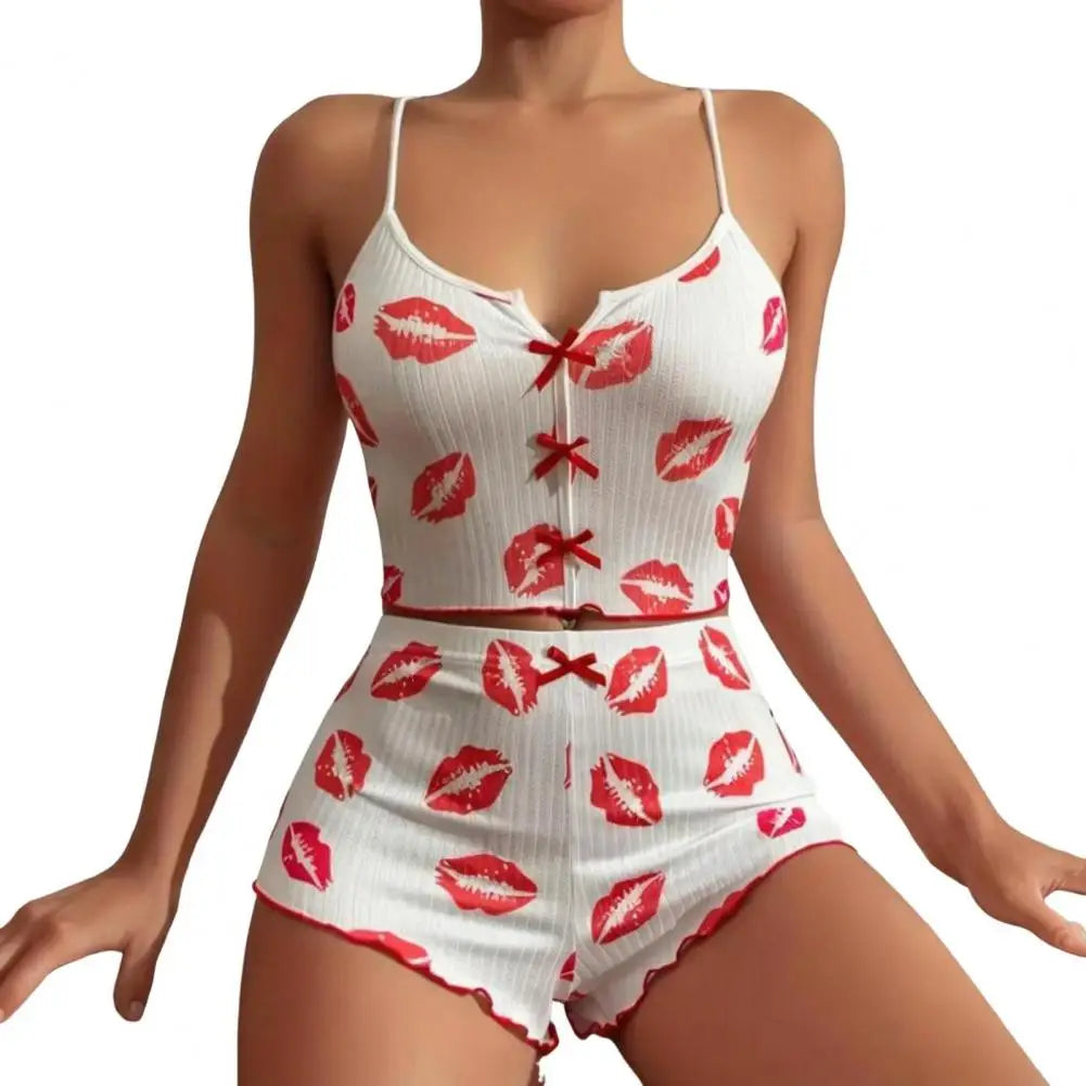 2 Pcs/Set Summer Women Pajamas Set Butterfly Heart Printing Sleeveless Backless Cop Top High Waist Shorts Sleepwear For Sleeping