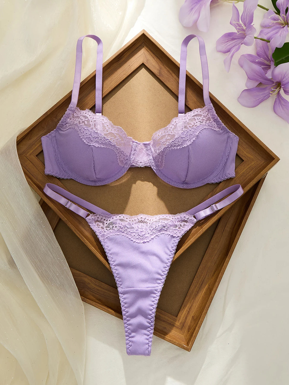 Elegant Purple Lace Bralette And Panty Set - Soft Touch Gathered Support Sexy G-string - Ideal for Gift Or Personal Use