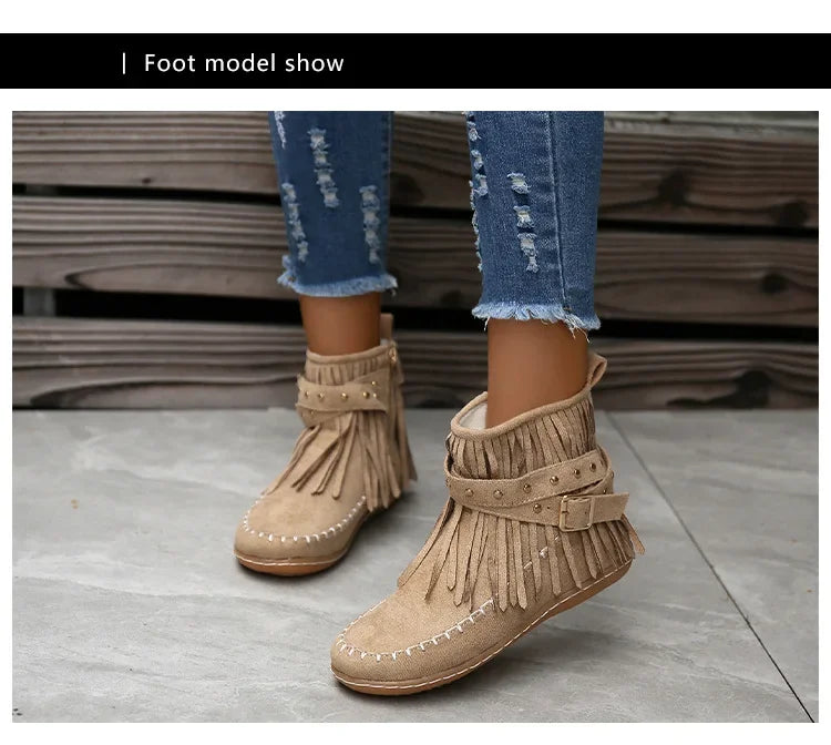 Vintage Women Boots Suede Ankle Boots Fringe Women Shoes Winter Boots Women Side Zipper Casual Shoes Ladies Snow Boot