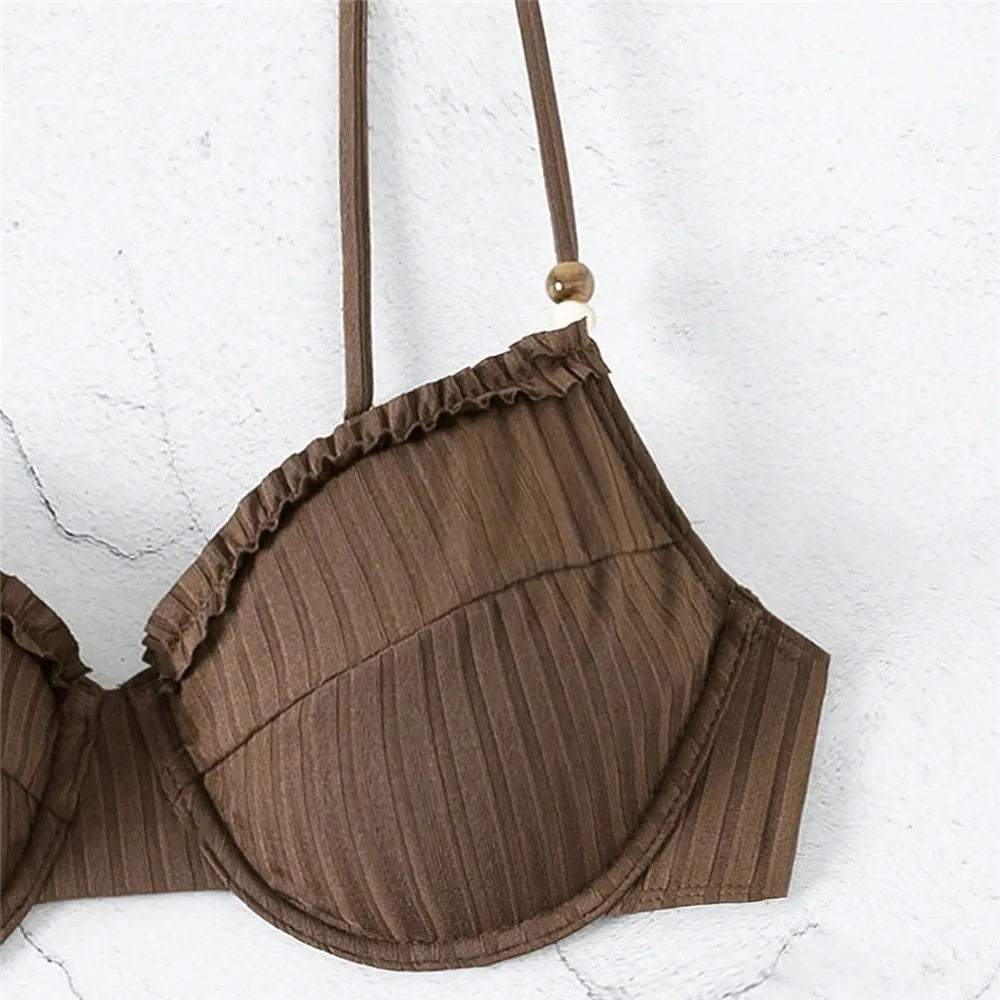Brown Ruffled Edge Bikini Pushup Bead Straps Solid Swimwears Sexy Swimsuit Women 2026 High Cut Bathing Suit Bikinis Sets Mujer