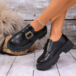 Women Buckle Platform Loafers PU Leather Slip On Chunky Lug Sole Round Toe Casual Office Daily Dress Shoes