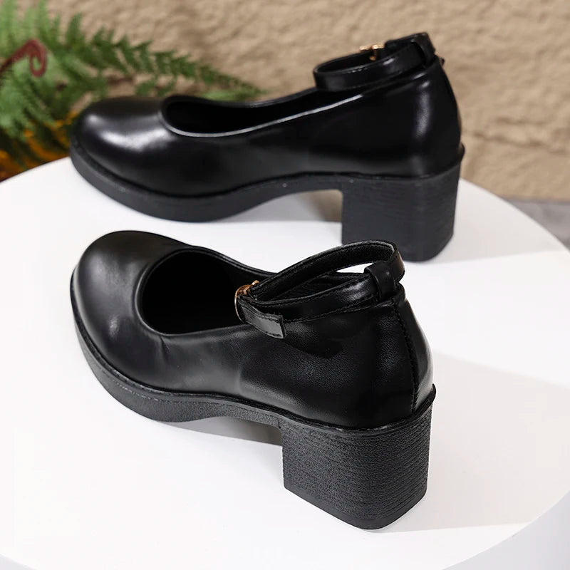 Black Thick Heeled Mary Jane Shoes Women Plus Size 42 Ankle Buckle Platform Pumps Woman Office Pu Leather High Heels Shoes Mujer