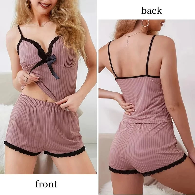 New Womens Sexy Ribbed Pajama Set Lace Trim Cami Top and Shorts Two Piece Sleepwear Loungewear V Neck with Bow Spaghetti Strap