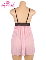 Pink Embroidery Lace Babydoll Nightdress for Women Sheer Mesh V Neck Sleepwear Plus Size With Thong