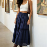 Women's Summer Hollow-Out Hem Elastic Waist Skirts Fashion Casual A-line Skirts Solid Color Long Skirts