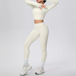 New Women Yoga Set Solid Color Double-Sided Brushed Bare Feel Short Long-Sleeve Jacket Tight Pants Running Fitness 2-Piece Set
