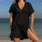 Sexy Short Sleeve Hollow Out Crochet Knitted Tunic Beach Cover Up Cover-ups Beach Dress Beach Wear Beachwear Female Women K6686