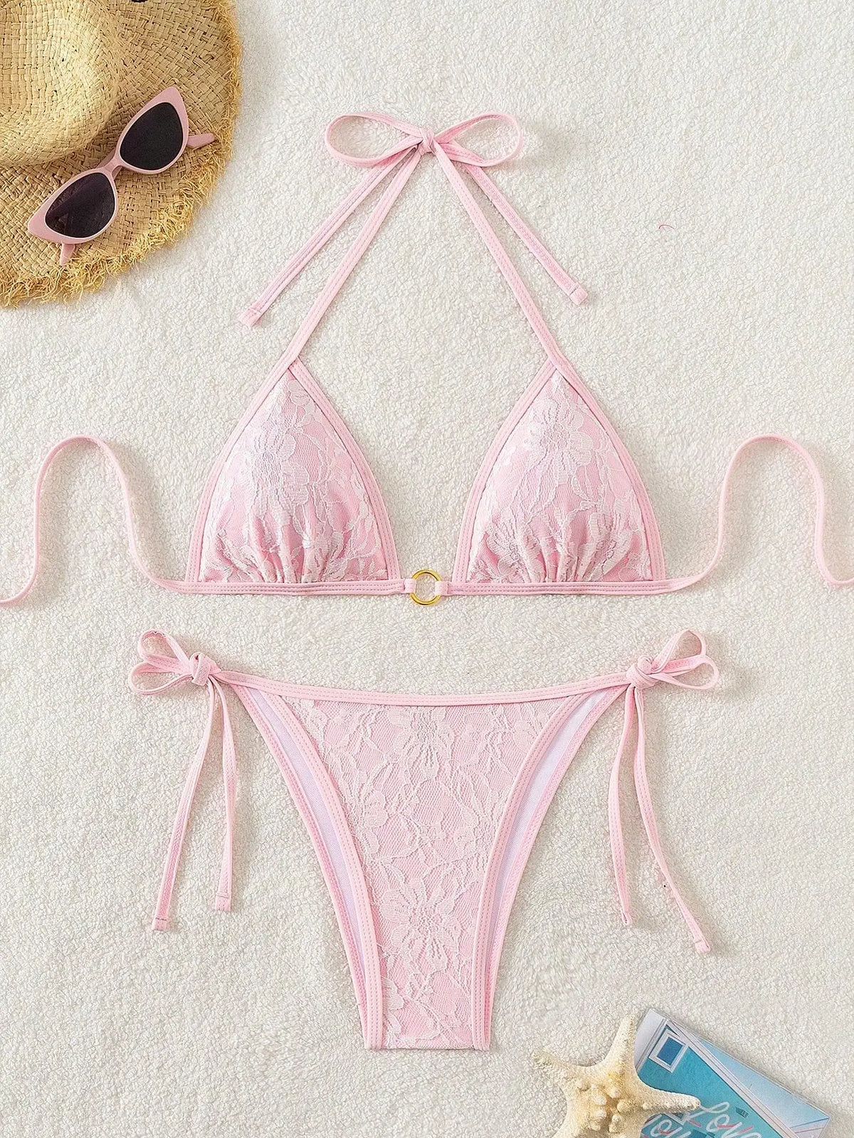Embroidery Mesh Lace Halter High Cut Bikini Female Swimsuit Women Swimwear Two-pieces Bikini Set Bather Bathing Suit Swim Beach