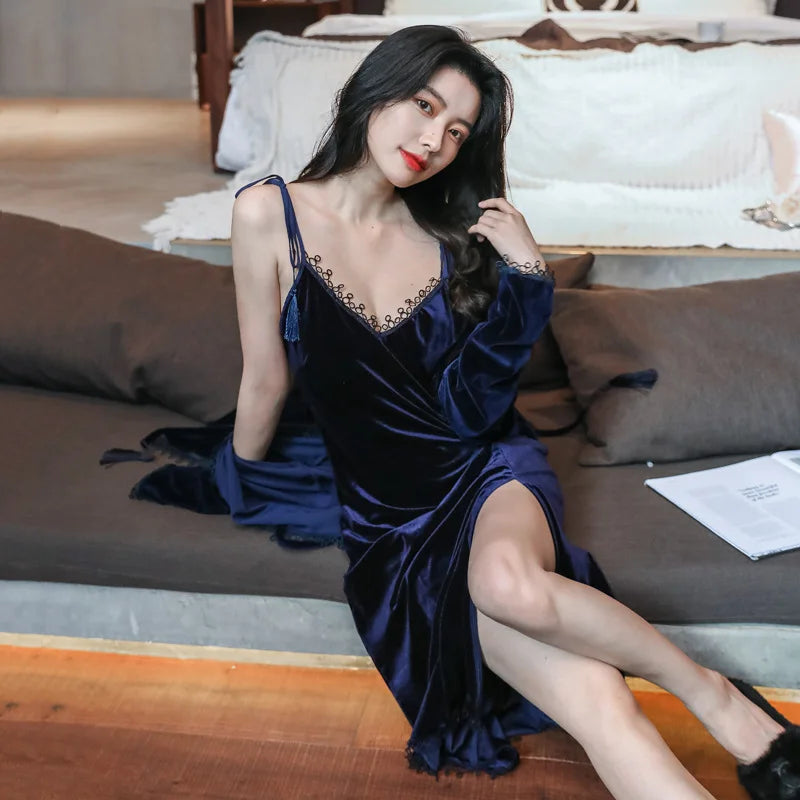 V-Neck Long Velour Robe&Strap Nightgown Suit Autumn Sexy Sleepwear Bride Bridesmaid Bathrobes Chemise Sleepdress Loungewear