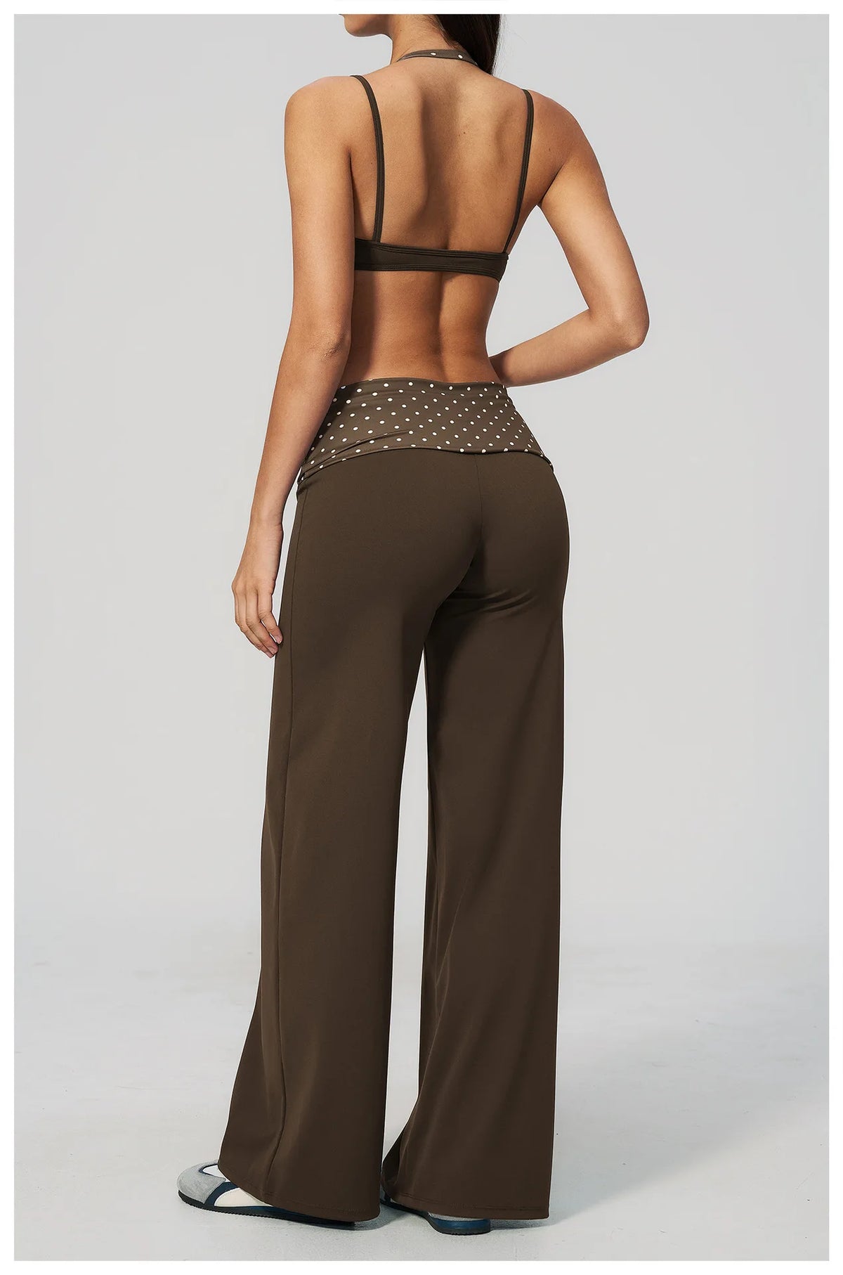 Fake Two-piece Sports Bra Yoga Sets Women Coffee Striped Patchwork Folding High Waist Wide Leg Pants Gym Running Fitness Suits