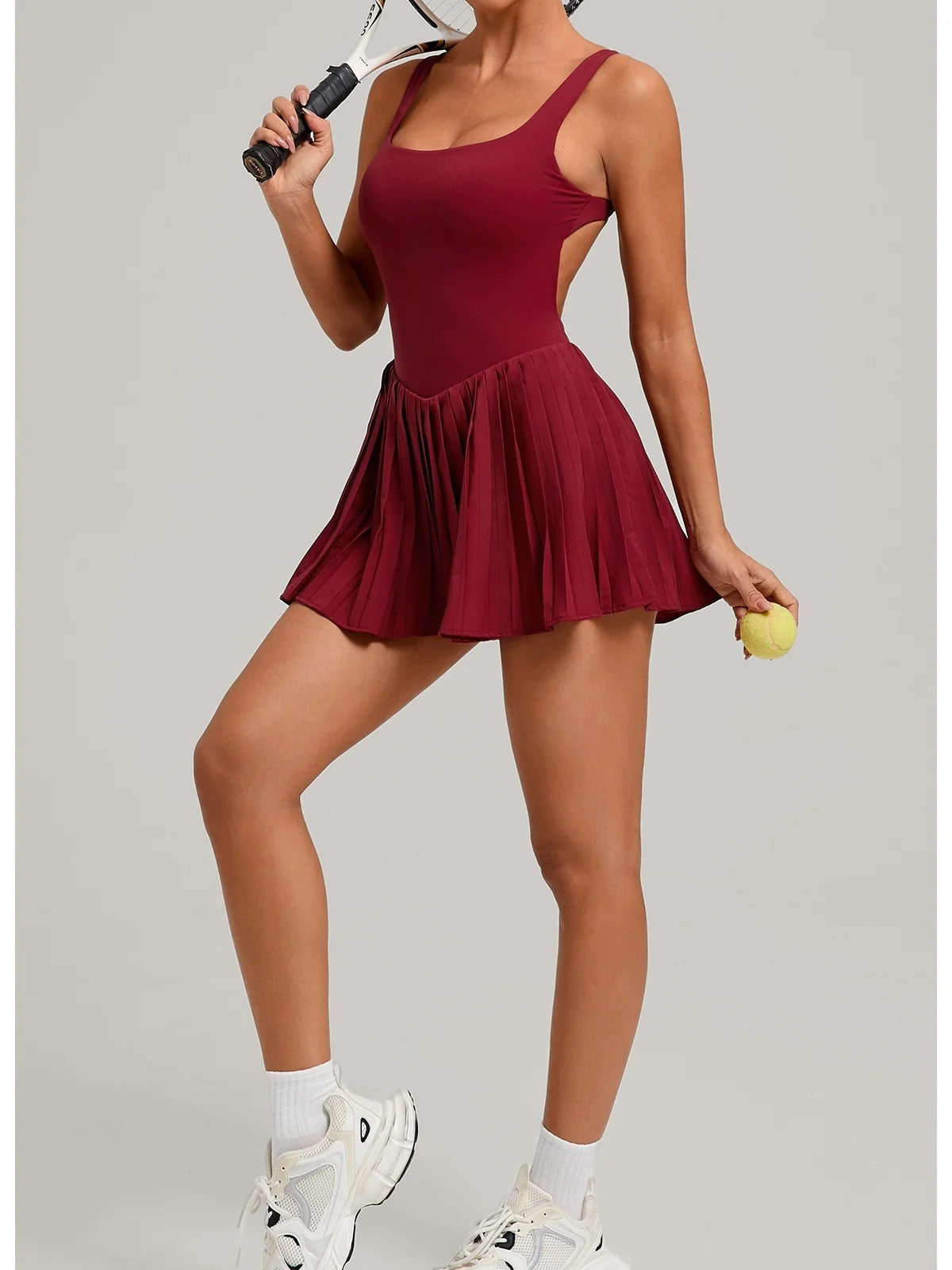 New Large Backless Tennis Dresses Women Solid Color Sleeveless Glare Pleated Yoga Skirt with Pocket Shorts Running Fitness Dress