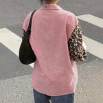 2026 New Women's Loose Casual Leopard Stripe Patchwork Long Sleeve Shirt with Pockets Turn Down Collar Blouse Top