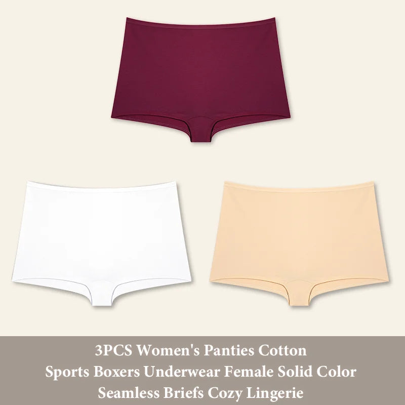 3PCS Women'sCotton Seamless Panties Sports Boxers Underwear Female Solid Color Briefs Cozy Lingerie Intimate Underpants XS-XL