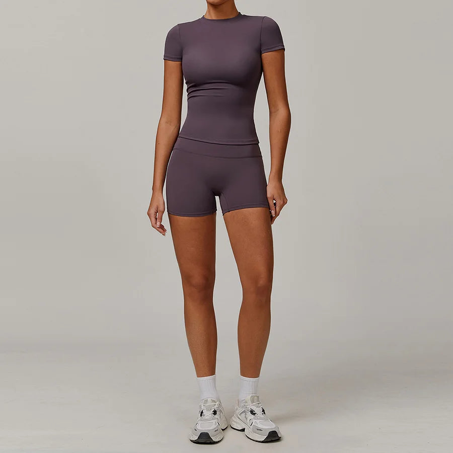 New Yoga Set Two Piece Women Short Sleeve Top with High Waist Leggings Seamless Workout Clothes Patchwork Sport Fitness Gym Sets