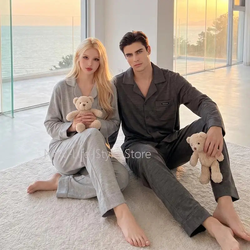 Autumn Winter Solid Color Soft Skin Friendly Fleece Warm Two Piece Homewear Sleepwear Women Dralon Couple Pajamas