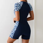 2026 Black Floral Print Patchwork Swimwear Women Short Sleeve Zipper Surfing Suit Sports Sun Protection One Piece Swimsuit XXL