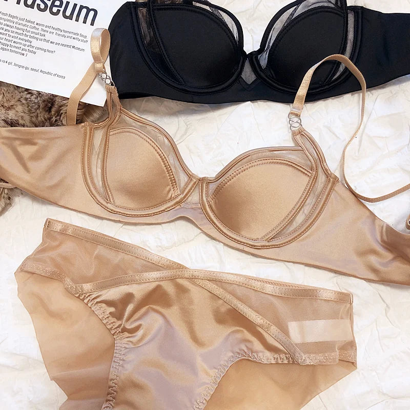 1 Set/Women Underwear Set Sexy Lace Push Up Bra French Thin Cup Comfort Brassiere Summer Mesh Breathable Bralette Lingerie Set