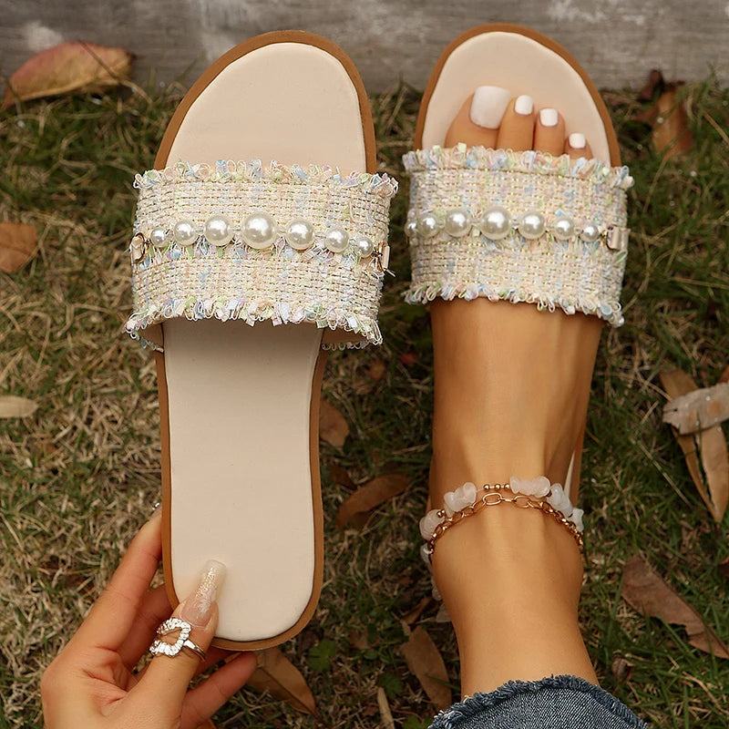 Fashion Tweed Cloth Flats Slippers Women 2025 String Bead Plus Size 36-43 Summer Sandals Woman Lightweight Outdoor Slides Female