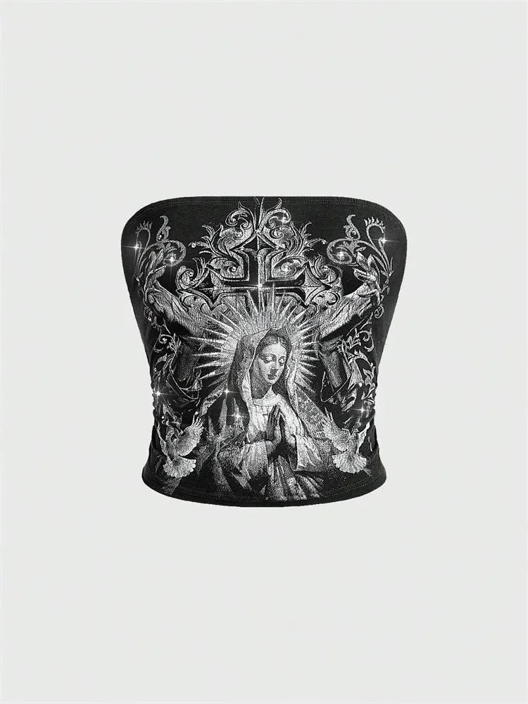 Women Gothic Print Tube Top Summer Y2K Clothes Sleeveless Off the Soulder Crop Top Streetwear