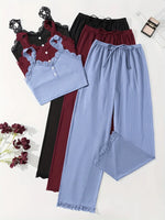 Women Ribbed Pajama Set Lace Trim Cami Top and Pants Sleepwear Soft Breathable Button Front Loungewear
