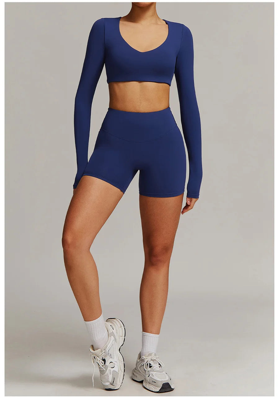 Women 2PCS Yoga Suit Sports Gym Set Tracksuit Workout Long Sleeve Shirt Fitness Flared leggings Short sleeve shorts running suit