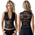 Summer Women Sheer Lace Tank Tops V Neck Slim Fit Vest Party Club Night Out Daily Sleeveless Vintage Shirts Streetwear