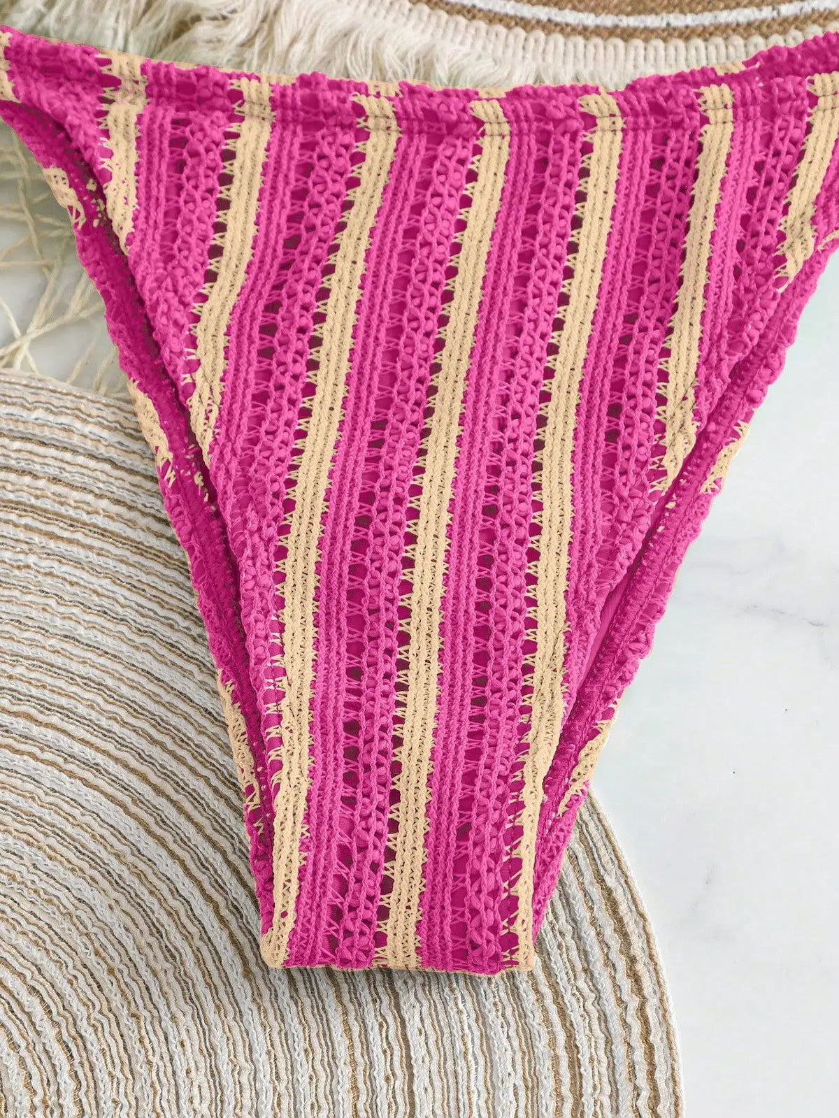 New Retro 3 Pieces Knitted Mesh String Bikini Set Swimsuit Women Blue Striped Swimwear with Shorts Beach Wear Boho Bathing Suit