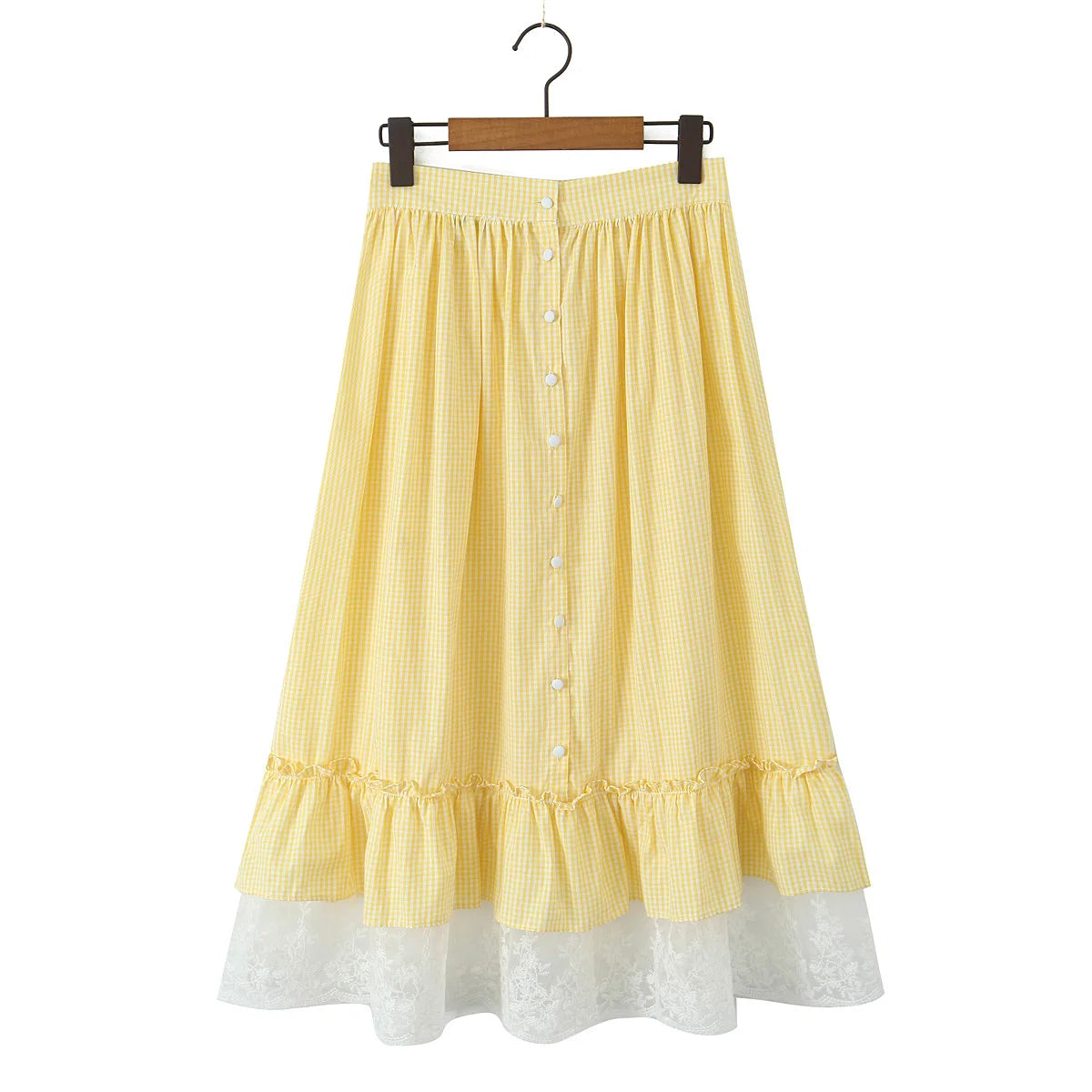 Foridol Gingham Printed Yellow Women Summer Dress Set Lace Top+skirt Sets Vintage French Style Midi Dress Oufits Plaid Vestidos