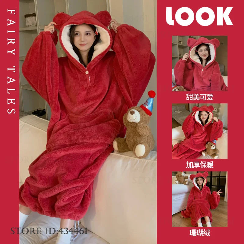 Thicken Flannel Cartoon Female Long Robe Hooded Nightgown Autumn Winter Sleepwear Home Clothes Loose Coral Fleece Warm Nightwear