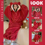Thicken Flannel Cartoon Female Long Robe Hooded Nightgown Autumn Winter Sleepwear Home Clothes Loose Coral Fleece Warm Nightwear