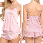 Women's Satin Pajama Set Sexy Sleepwear 2 Piece Loungewear V Neck Cami Top and Shorts Nightwear Solid Color Silk Pjs