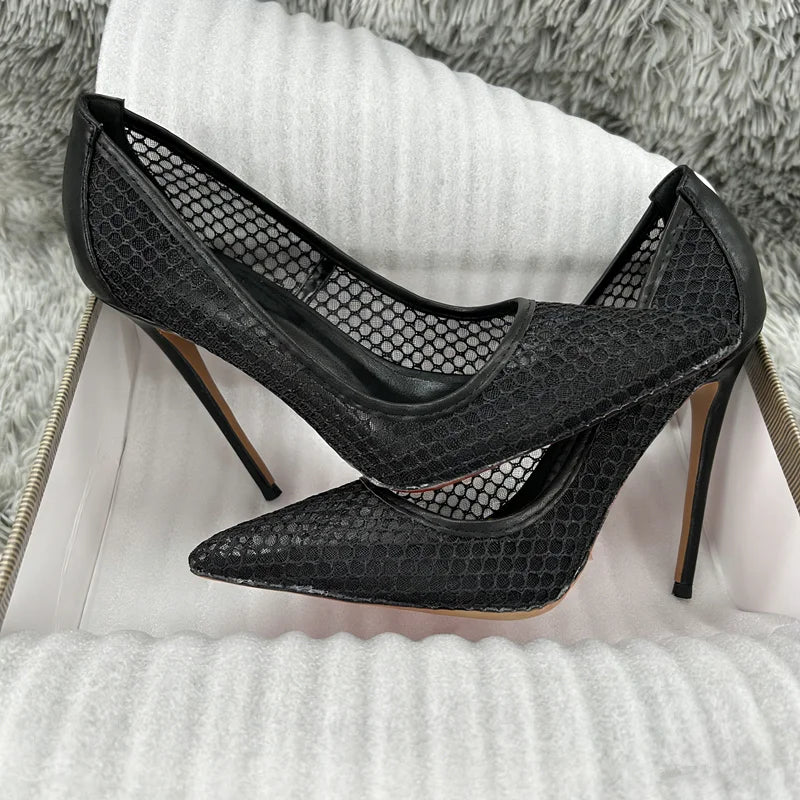 Women's Black Mesh Stiletto PumpsPointed Toe Hollow-Out High Heels, Sexy Sheer Dress Shoes for Party, Club, and Evening Even
