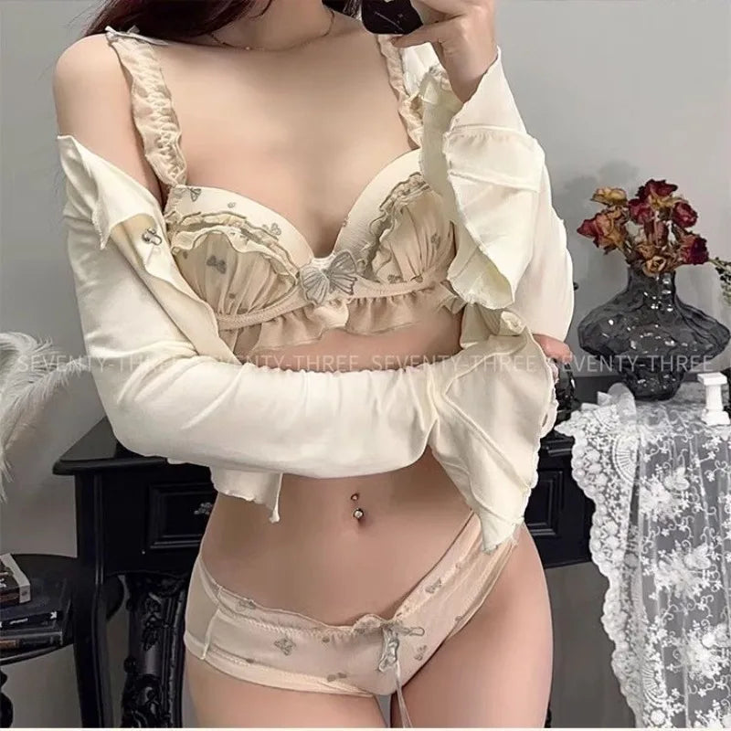 Japan Style Embroidered Mesh Bralette Wireless Breathable Comfort Sweet Cute Lingerie Set Pure Sensual Ruffle Edge Small Chest