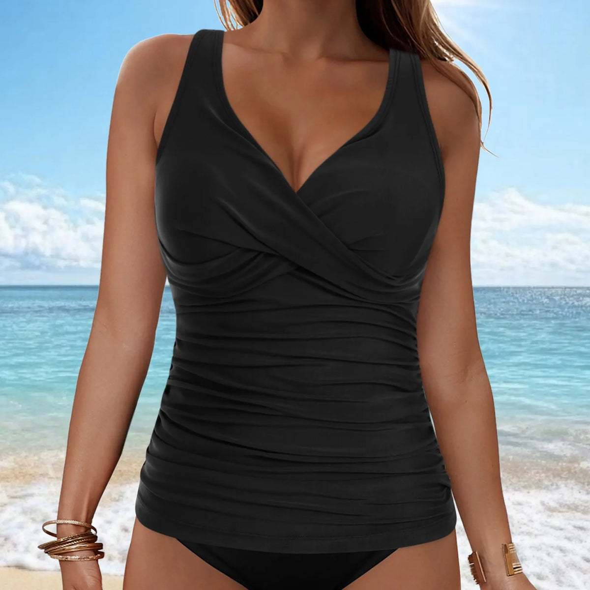 Women's Removable Padded Tankini Top V Neck Waist Defining Ruffled Separate Swimsuit Top Ruched Support Bathing Suit Swim Top
