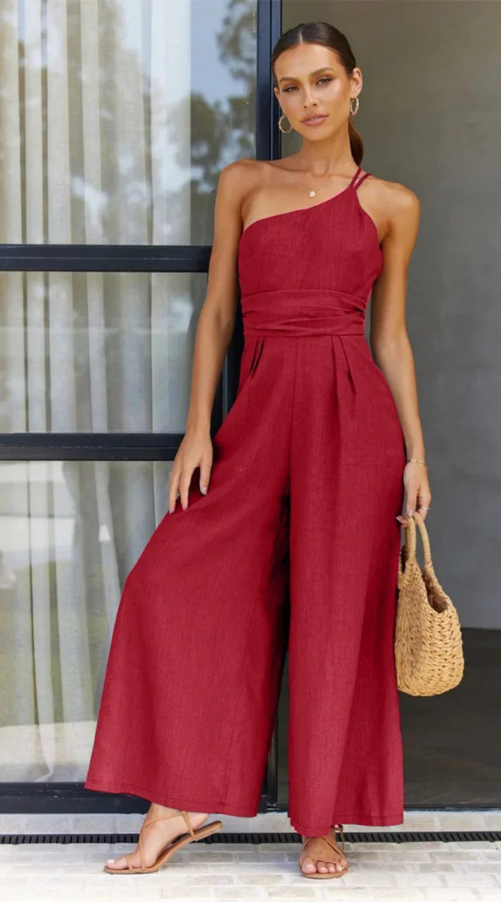 Foridol Waist Folds Backless Double Strap Casual Wide Leg Jumpsuit Long Pants Green 2025 New Female LooseJumpsuit