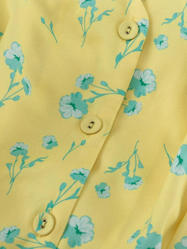 FDYOUI 2026 Summer V-neck Short Sleeve Floral Print Yellow Party Dress Women Single Breasted Lace-up Slim Long Vacation Dresses