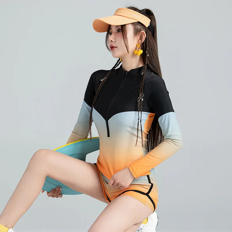 Long Sleeve Rash Guard Women Colorblock Two Piece Swimsuit Crop Top Swimwear High Neck Bathing Suits Zipper Surfing Suits Shorts