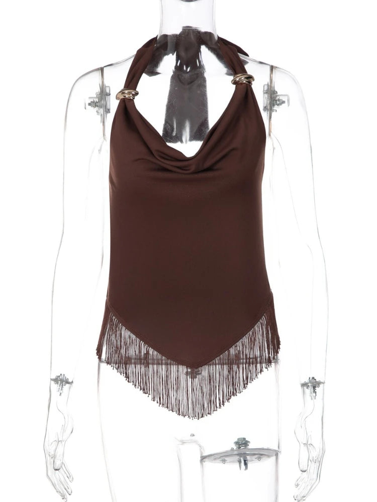 FDYOUI Sexy Swinging Collar Tassels Tank Tops Women's Halter Bandage Backless Camisoles Female Summer Slim Corset Top Streetwear