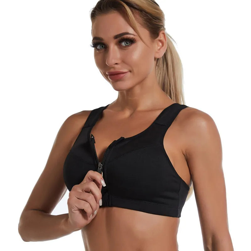 Solid Color Sports Bra Gathered Without Steel Ring Running Vest Fitness Front Zipper Tops Sexy Shockproof Women's Underwear