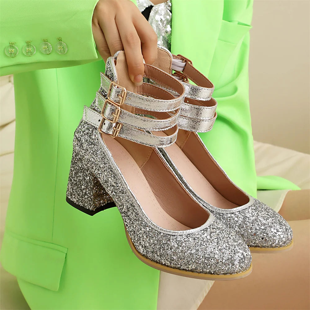 Big Size 48 Bling Sequined Silver Wedding Pumps Elegant Block High Heels Shoes Women Black Gold Glitter Ankle Strap Party Pumps