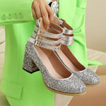 Big Size 48 Bling Sequined Silver Wedding Pumps Elegant Block High Heels Shoes Women Black Gold Glitter Ankle Strap Party Pumps