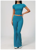 Creamy 2 Pieces Workout Suit Women Yoga Outfits Short Sleeve O Neck Slim Sports T Shirts High Waist Flare Pants Gym Fitness Sets