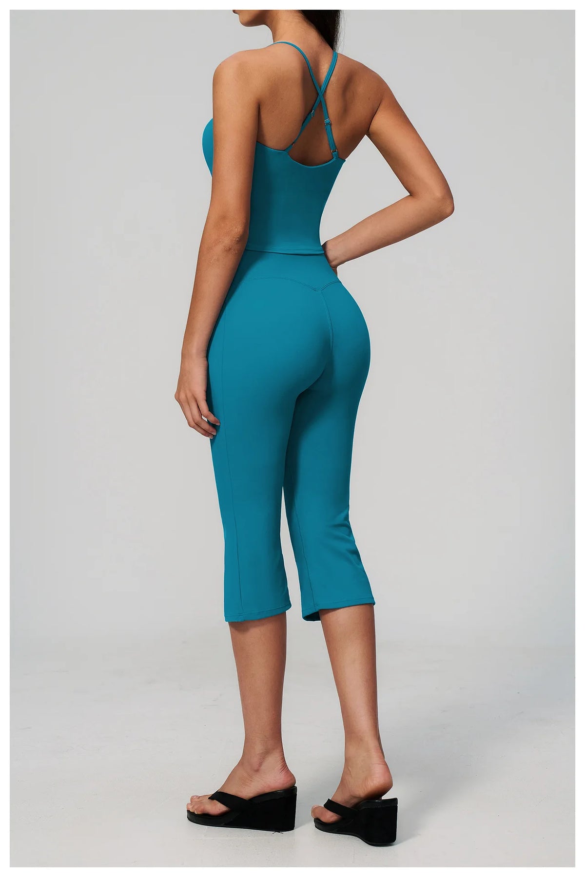 Summer New Yoga Clothing Women Solid V Neck Slim Sports Tank Top Athletic Wear High Waist Butt Lift Mid Pants Gym Fitness Suits
