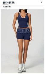 Quick Drying Polka Dot Patchwork Yoga Sets Women Hanging Neck Slim Shockproof Sports Tank Top Gym High Waist Shorts Fitnss Suit