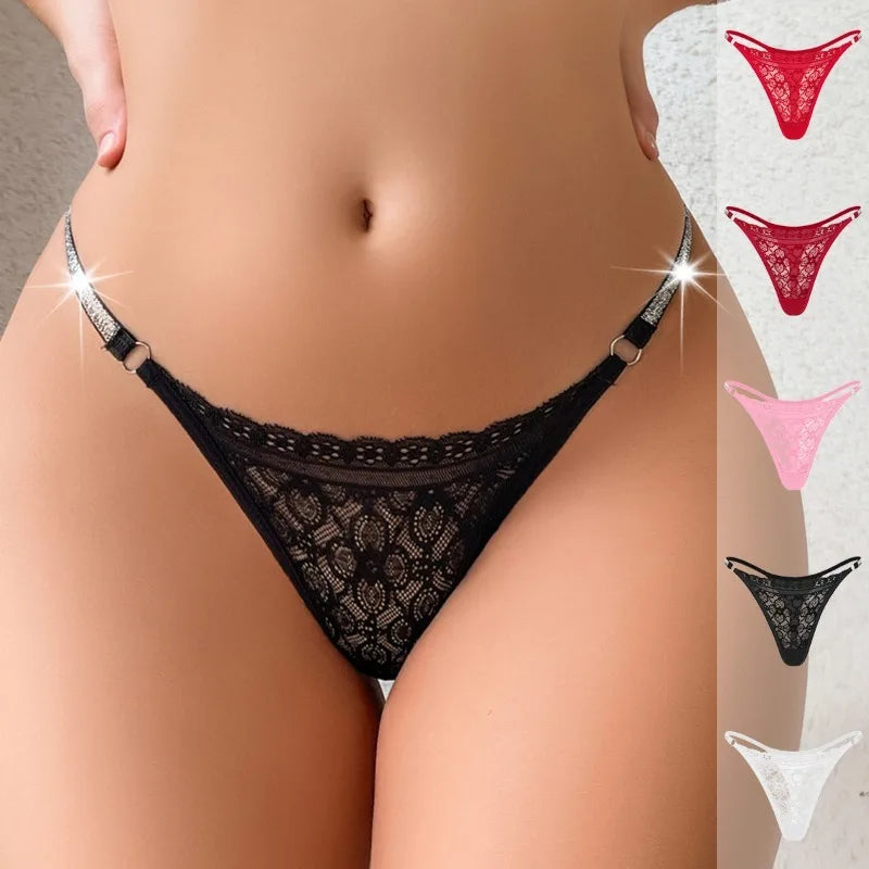 New Women Lace Trim Thong Panties Silver Ribbon Panel Low Rise Sexy G-string Breathable Stretch Skin Friendly Intimate Underwear