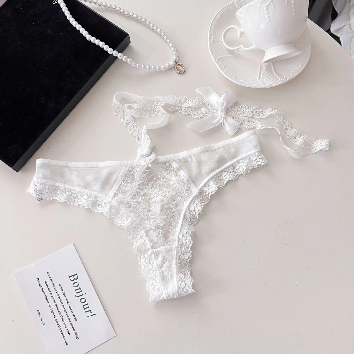 Hanging Neck Detachable Sexy Lace Women's Underpants Sweet Bow Hollow Out Mesh Panties Metal Ring Cotton Crotch Briefs Lingerie